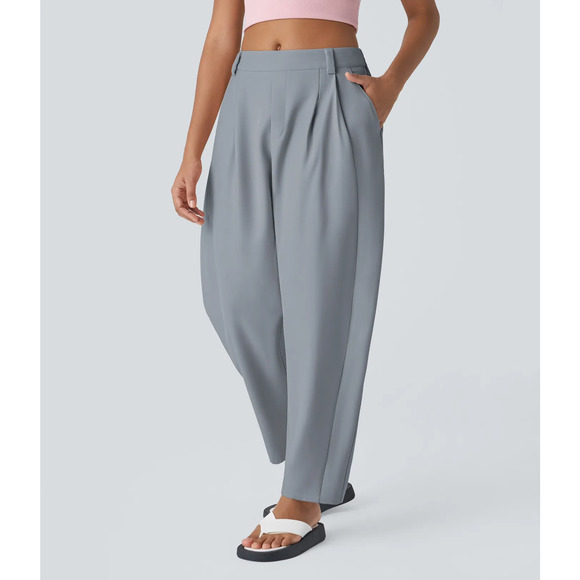 Halara Barrel Leg Work Pants Casual Pleated Pull On Weathervane Gray M - Picture 1 of 7